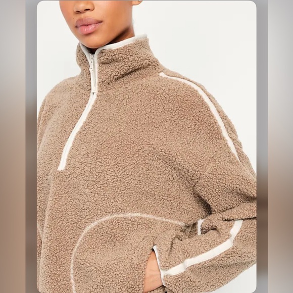 NWT Old Navy Loose Sherpa Pullover Quarter Zip Tan Brown Cream Pockets Size XL - Picture 3 of 4
